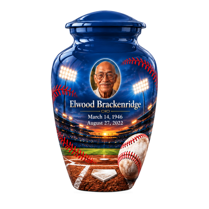 Classic baseball scene photo memorial urn, 10 inch large Urn; fictional personalization example.