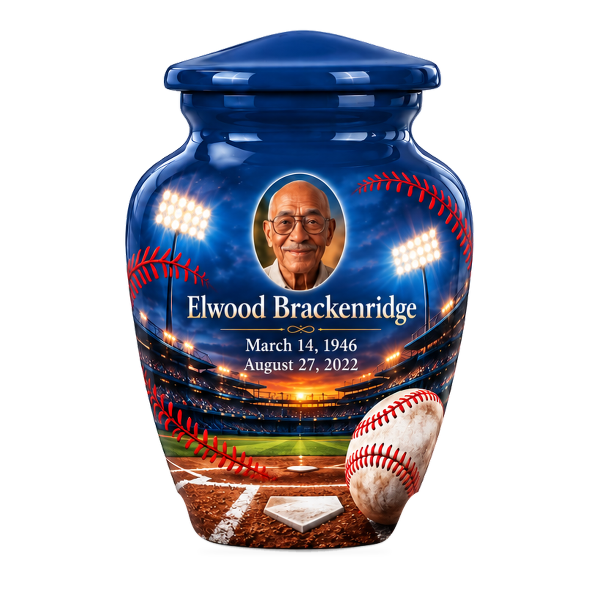 Classic baseball scene photo memorial urn, 1 Keepsake 3 inch Urn; fictional personalization example.