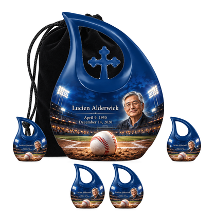 Cross Drop baseball scene photo memorial urn, 10 inch large Urn with 4 Keepsake 3 Inch Urns; fictional personalization example.