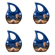 Cross Drop baseball scene photo memorial urn, 4 Keepsake 3 inch Urns; fictional personalization example.