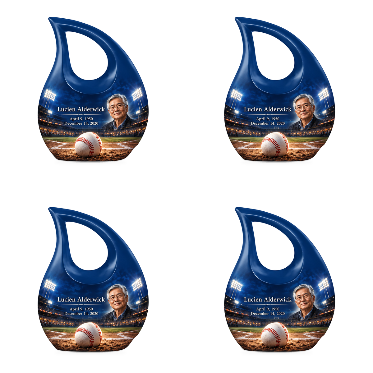 Cross Drop baseball scene photo memorial urn, 4 Keepsake 3 inch Urns; fictional personalization example.