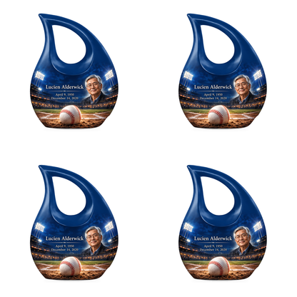 Cross Drop baseball scene photo memorial urn, 4 Keepsake 3 inch Urns; fictional personalization example.