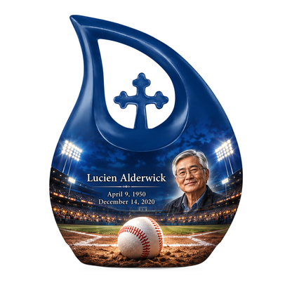 Cross Drop baseball scene photo memorial urn, 10 inch large Urn; fictional personalization example.