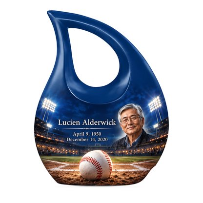 Cross Drop baseball scene photo memorial urn, 1 Keepsake 3 inch Urn; fictional personalization example.