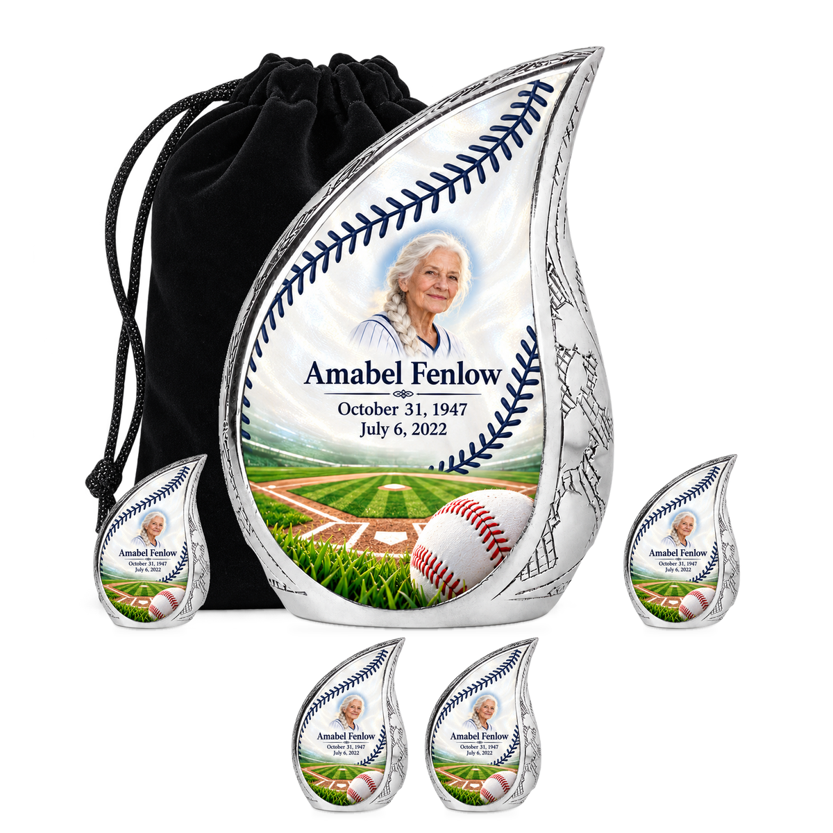 Curved Drop baseball scene photo memorial urn, 10 inch large Urn with 4 Keepsake 3 Inch Urns; fictional personalization example.