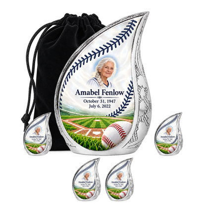 Curved Drop baseball scene photo memorial urn, 10 inch large Urn with 4 Keepsake 3 Inch Urns; fictional personalization example.