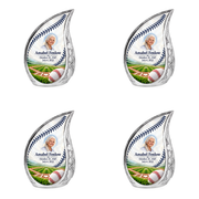 Curved Drop baseball scene photo memorial urn, 4 Keepsake 3 inch Urns; fictional personalization example.