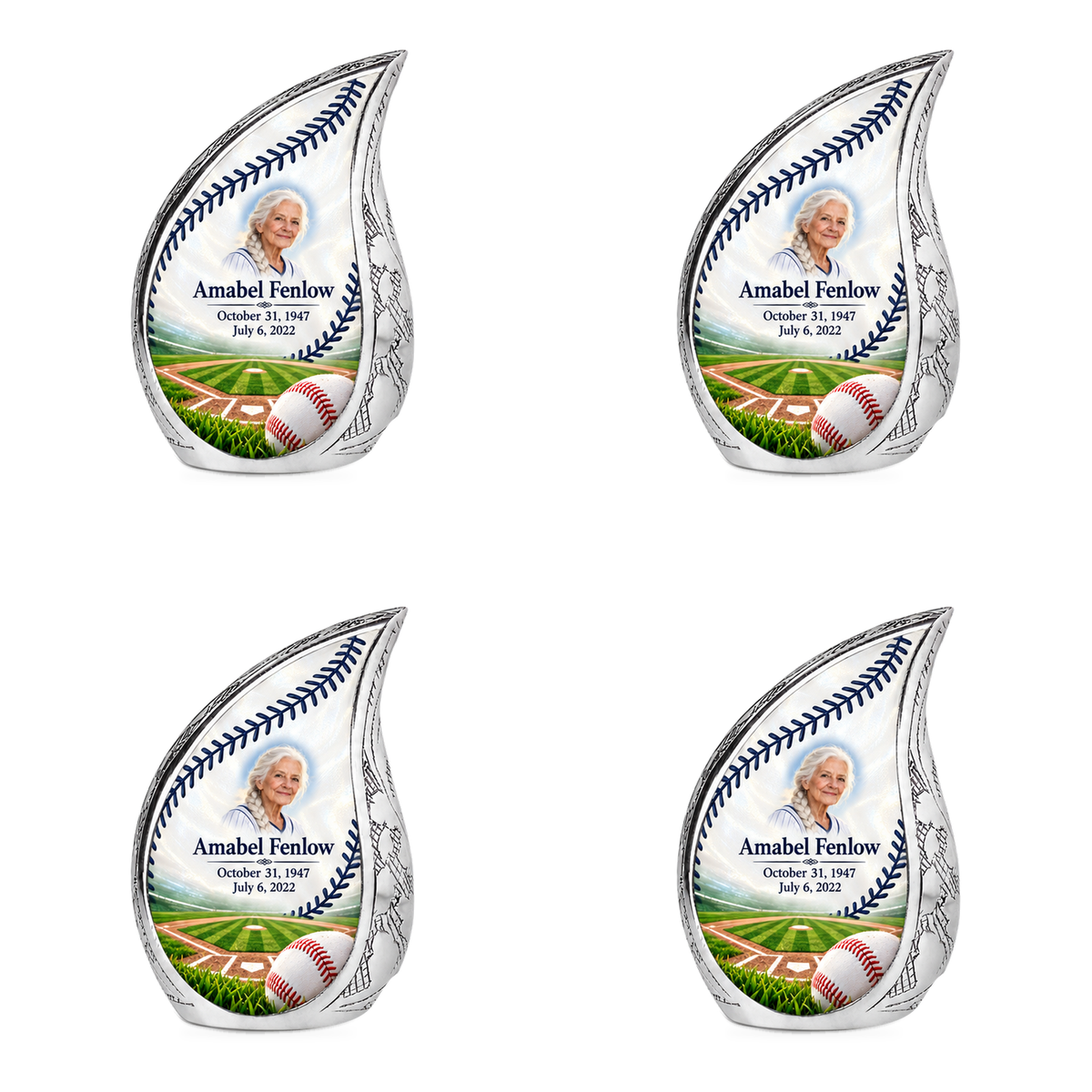 Curved Drop baseball scene photo memorial urn, 4 Keepsake 3 inch Urns; fictional personalization example.