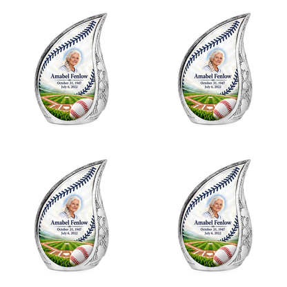 Curved Drop baseball scene photo memorial urn, 4 Keepsake 3 inch Urns; fictional personalization example.
