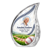 Curved Drop baseball scene photo memorial urn, 10 inch large Urn; fictional personalization example.