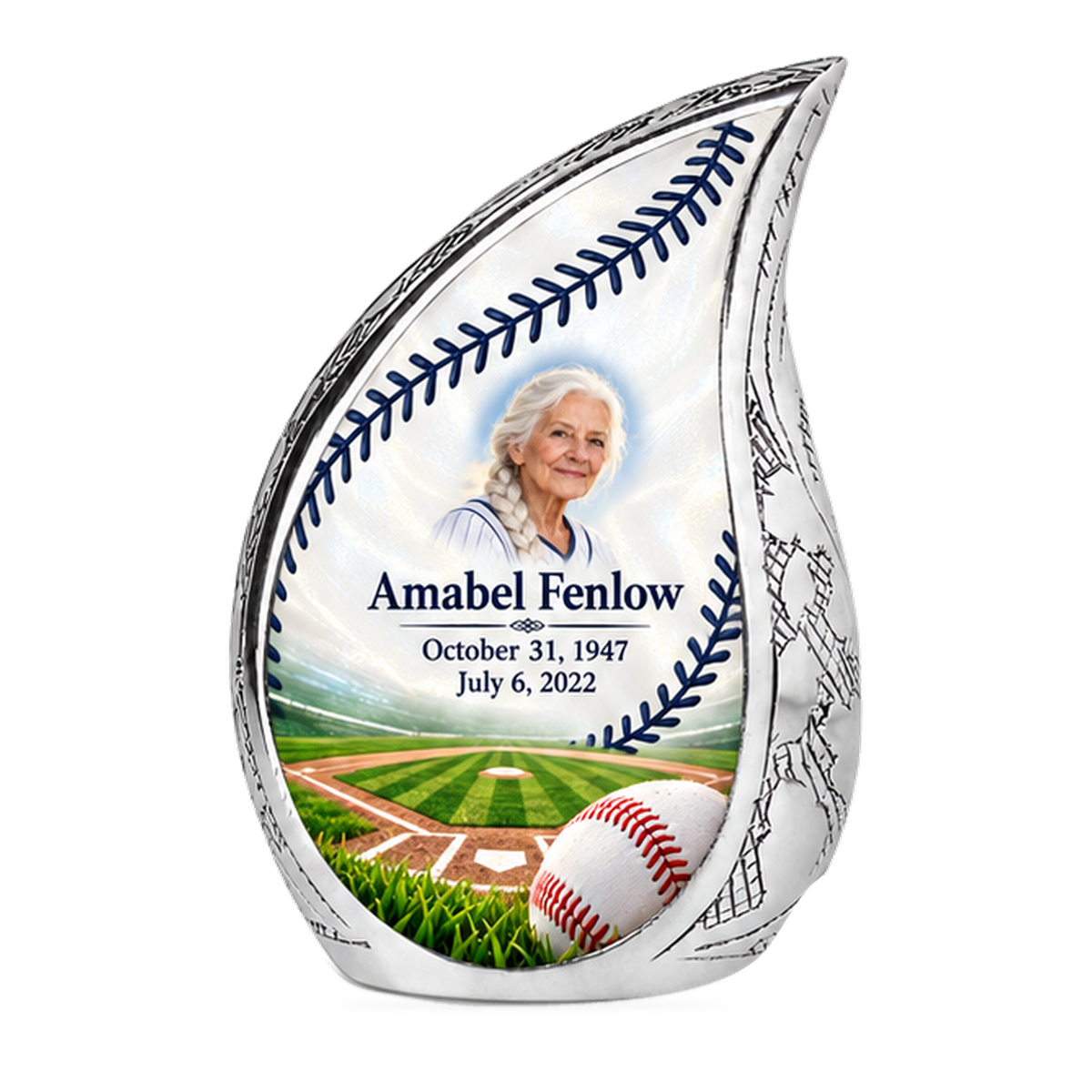 Curved Drop baseball scene photo memorial urn, 1 Keepsake 3 inch Urn; fictional personalization example.