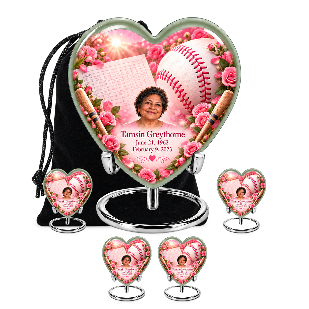 Heart baseball scene photo memorial urn, 10 inch large Urn with 4 Keepsake 3 Inch Urns; fictional personalization example.