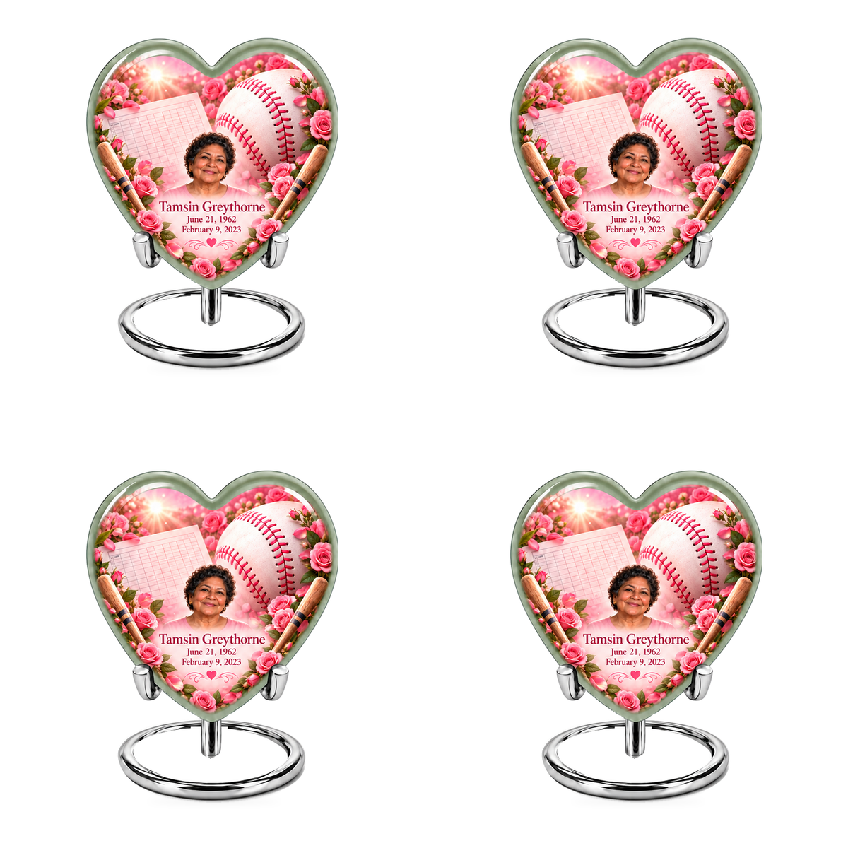 Heart baseball scene photo memorial urn, 4 Keepsake 3 inch Urns; fictional personalization example.