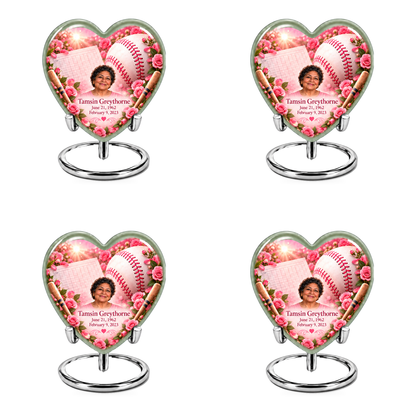 Heart baseball scene photo memorial urn, 4 Keepsake 3 inch Urns; fictional personalization example.