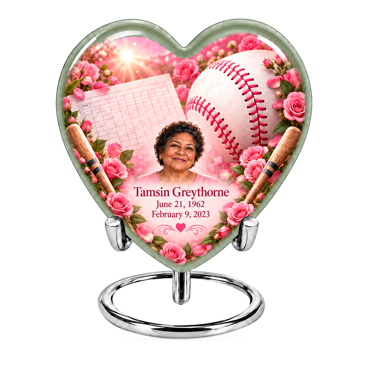 Heart baseball scene photo memorial urn, 10 inch large Urn; fictional personalization example.