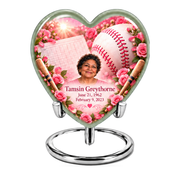 Heart baseball scene photo memorial urn, 1 Keepsake 3 inch Urn; fictional personalization example.