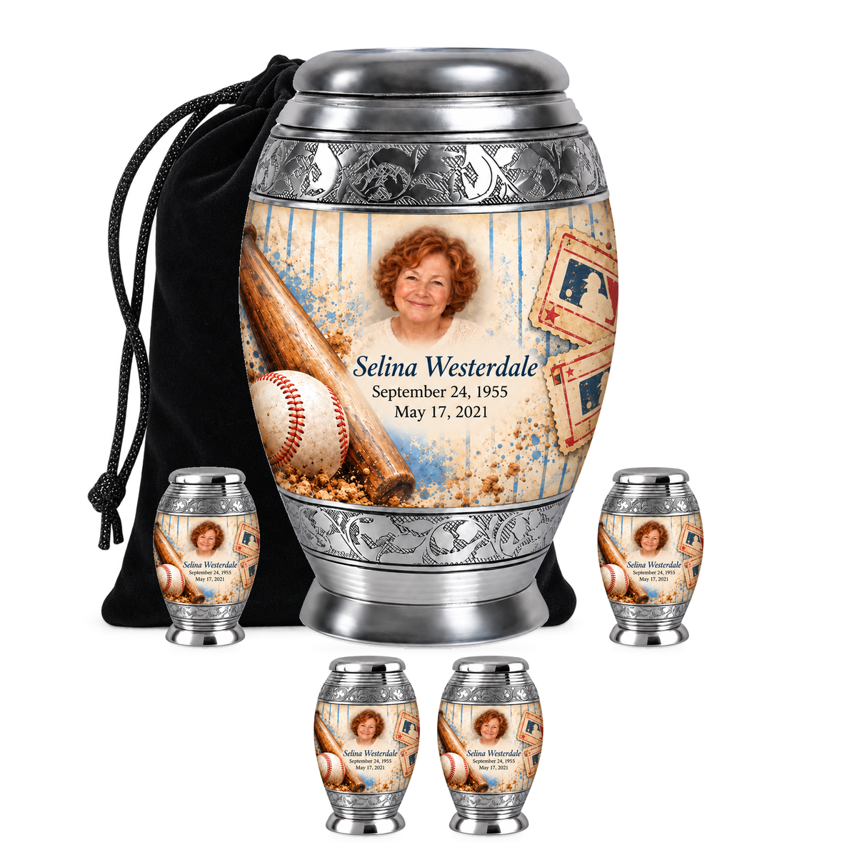 Monar baseball scene photo memorial urn, 10 inch large Urn with 4 Keepsake 3 Inch Urns; fictional personalization example.