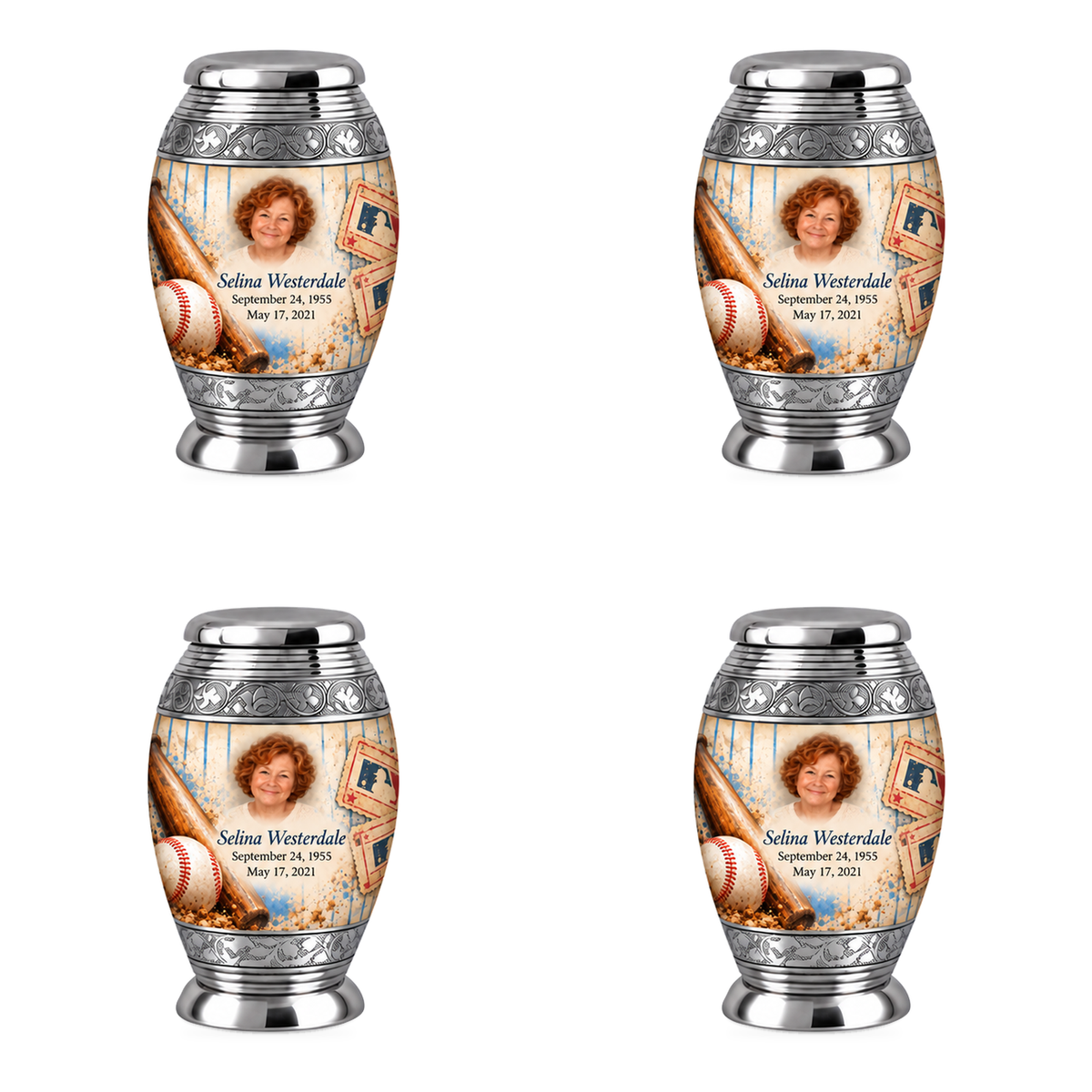 Monar baseball scene photo memorial urn, 4 Keepsake 3 inch Urns; fictional personalization example.