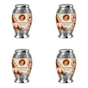 Monar baseball scene photo memorial urn, 4 Keepsake 3 inch Urns; fictional personalization example.