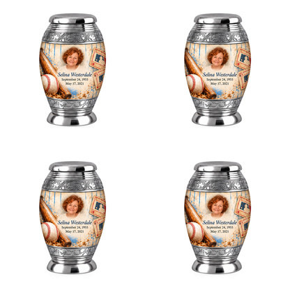 Monar baseball scene photo memorial urn, 4 Keepsake 3 inch Urns; fictional personalization example.