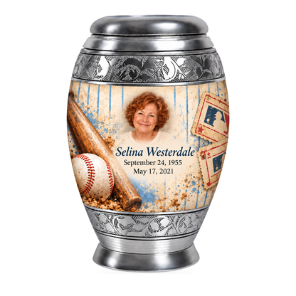 Monar baseball scene photo memorial urn, 10 inch large Urn; fictional personalization example.