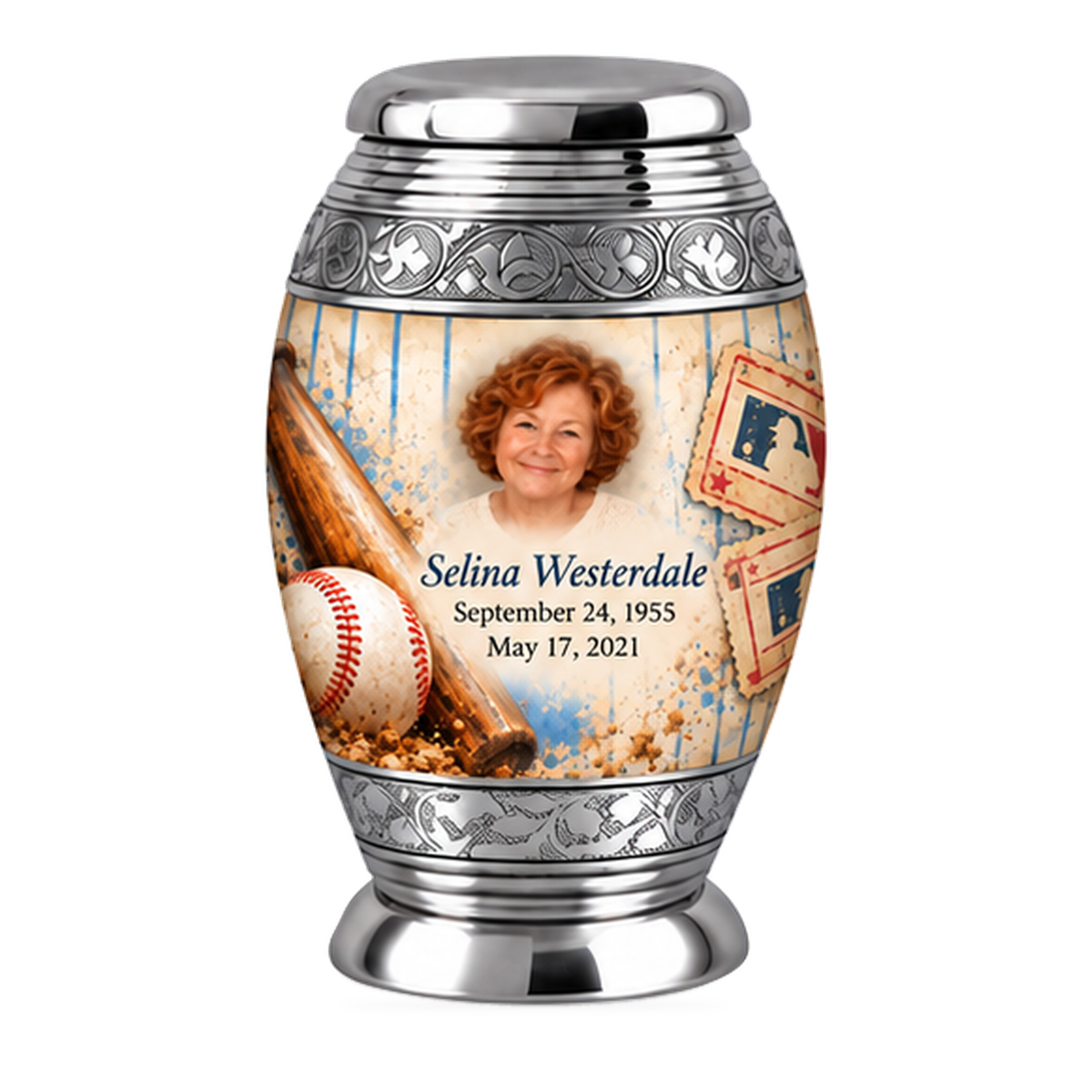 Monar baseball scene photo memorial urn, 1 Keepsake 3 inch Urn; fictional personalization example.