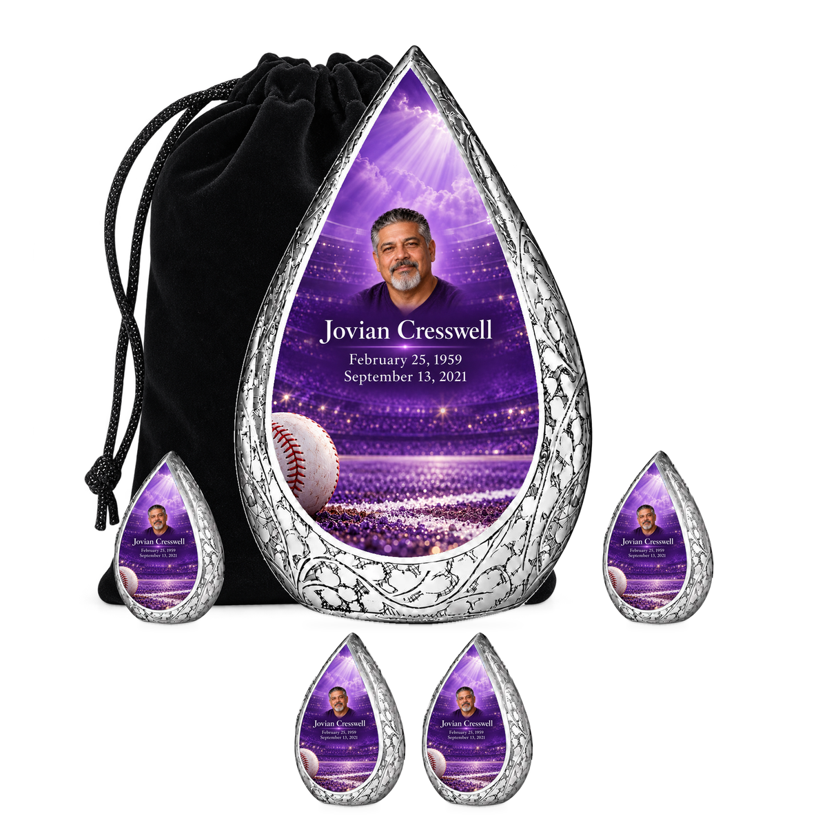 Straight Drop baseball scene photo memorial urn, 10 inch large Urn with 4 Keepsake 3 Inch Urns; fictional personalization example.