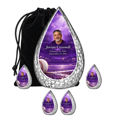 Straight Drop baseball scene photo memorial urn, 10 inch large Urn with 4 Keepsake 3 Inch Urns; fictional personalization example.
