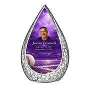Straight Drop baseball scene photo memorial urn, 10 inch large Urn; fictional personalization example.