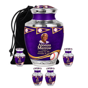 Tasty baseball scene photo memorial urn, 10 inch large Urn with 4 Keepsake 3 Inch Urns; fictional personalization example.
