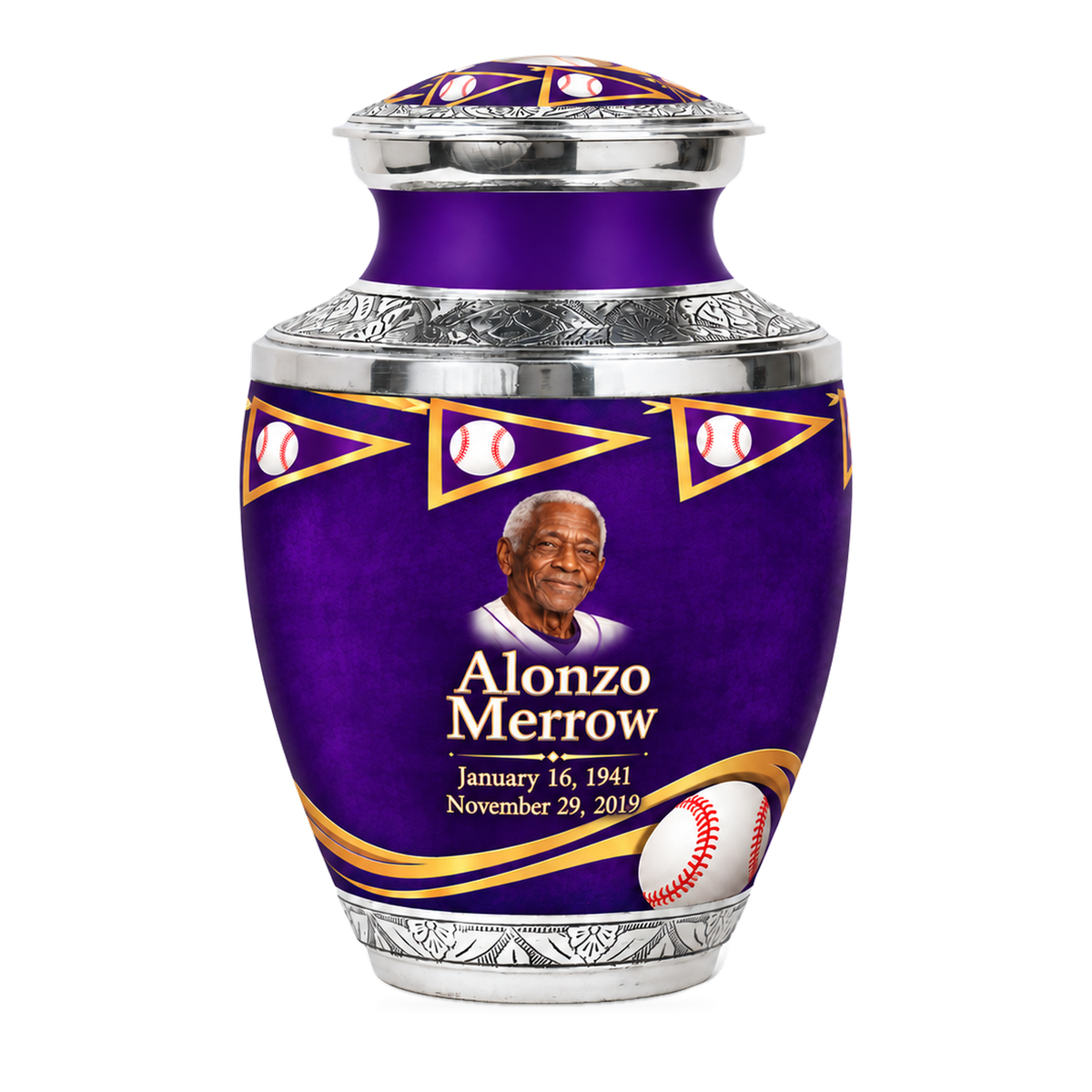 Tasty baseball scene photo memorial urn, 10 inch large Urn; fictional personalization example.