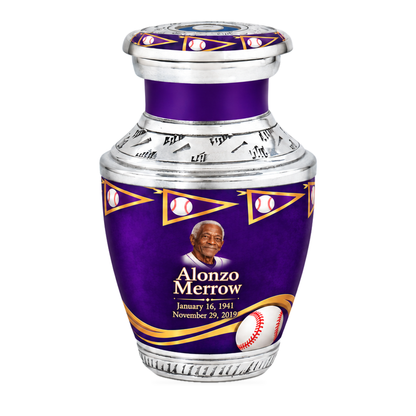 Tasty baseball scene photo memorial urn, 1 Keepsake 3 inch Urn; fictional personalization example.