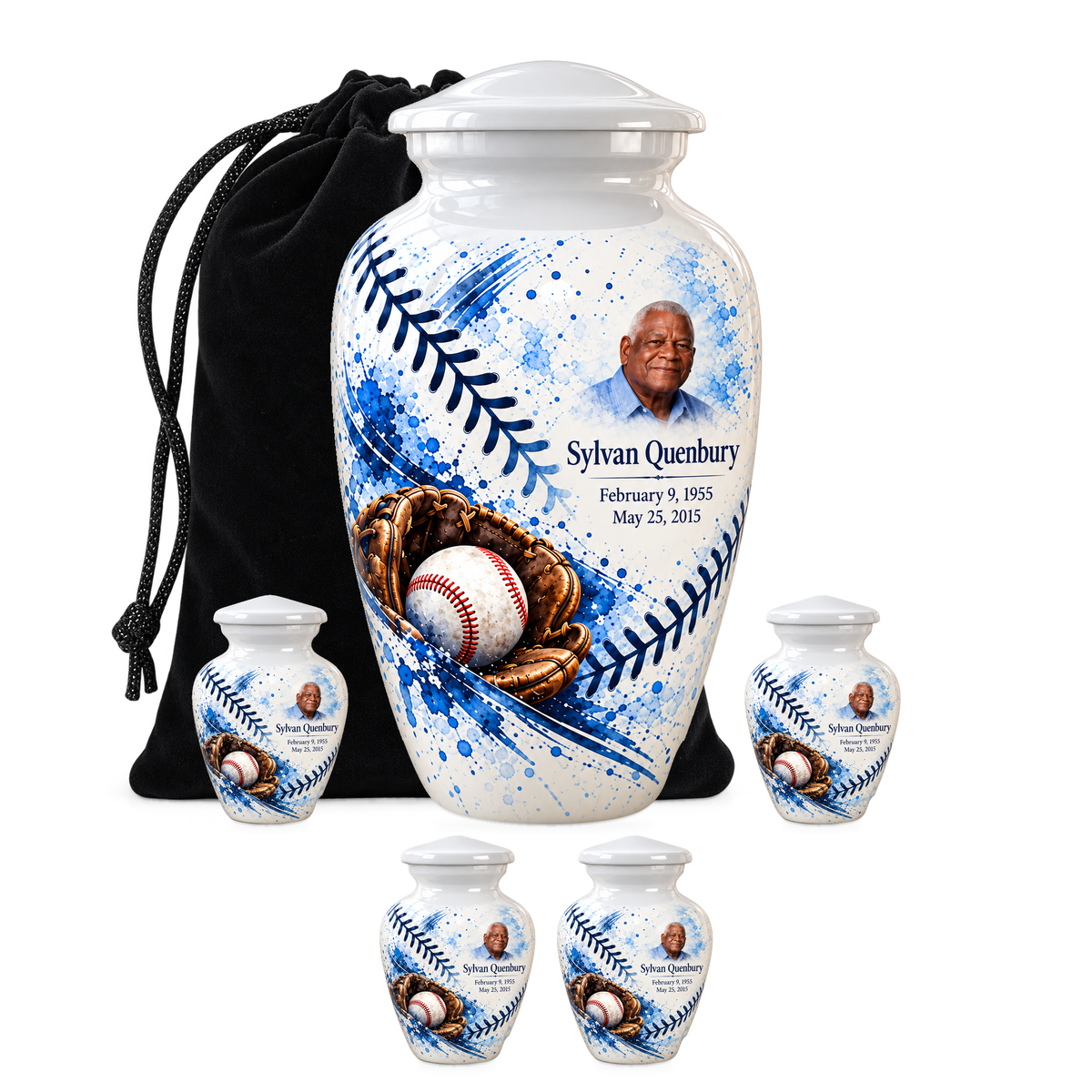 Classic baseball scene photo memorial urn, 10 inch large Urn with 4 Keepsake 3 Inch Urns; fictional personalization example.