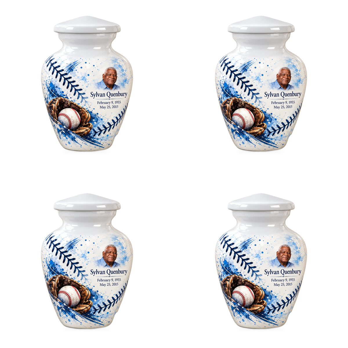 Classic baseball scene photo memorial urn, 4 Keepsake 3 inch Urns; fictional personalization example.