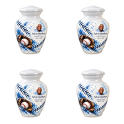 Classic baseball scene photo memorial urn, 4 Keepsake 3 inch Urns; fictional personalization example.