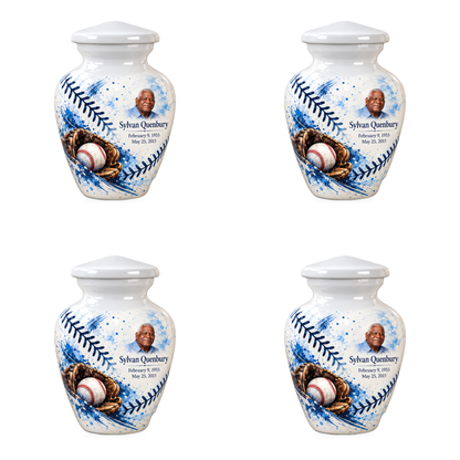 Classic baseball scene photo memorial urn, 4 Keepsake 3 inch Urns; fictional personalization example.