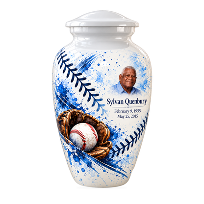 Classic baseball scene photo memorial urn, 10 inch large Urn; fictional personalization example.