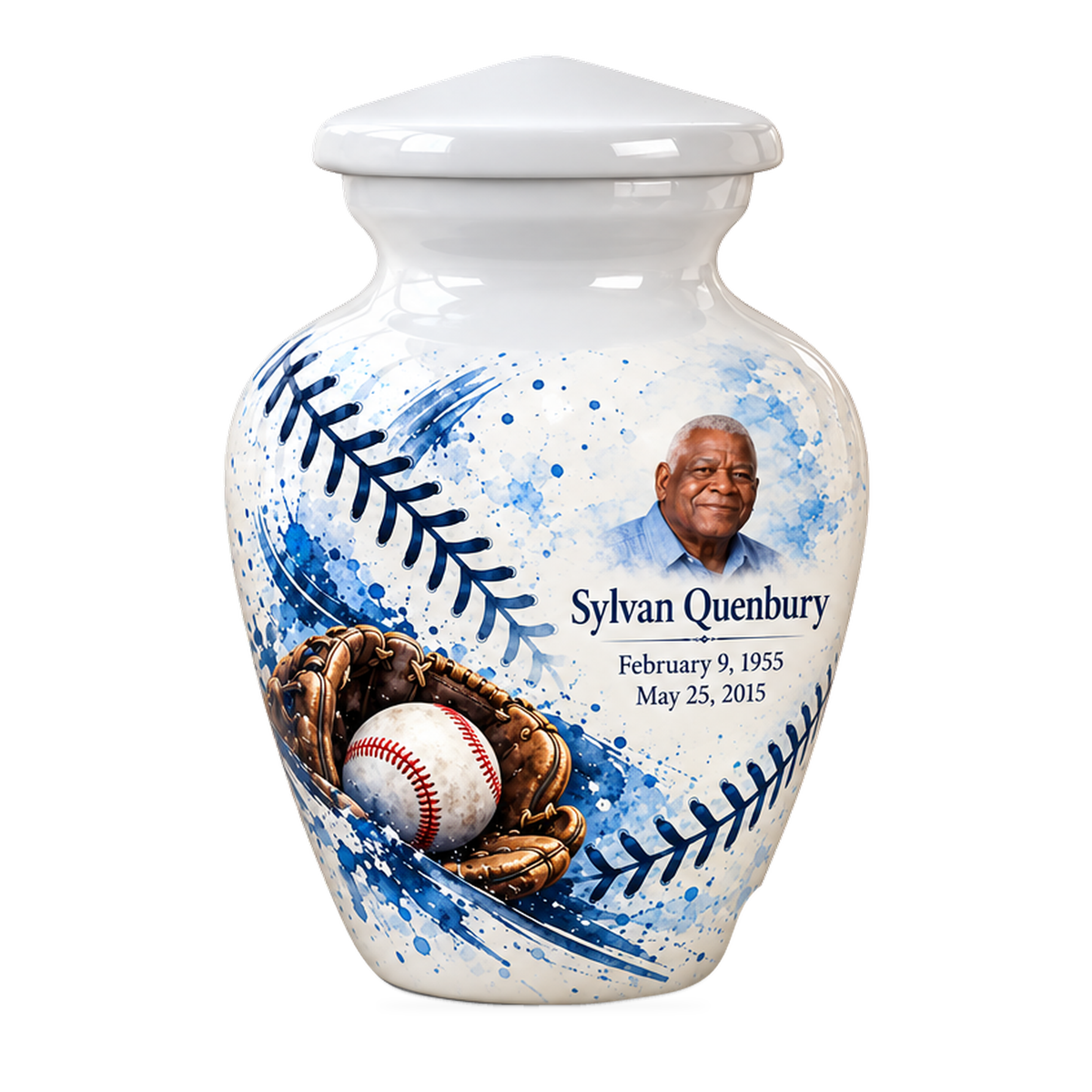Classic baseball scene photo memorial urn, 1 Keepsake 3 inch Urn; fictional personalization example.