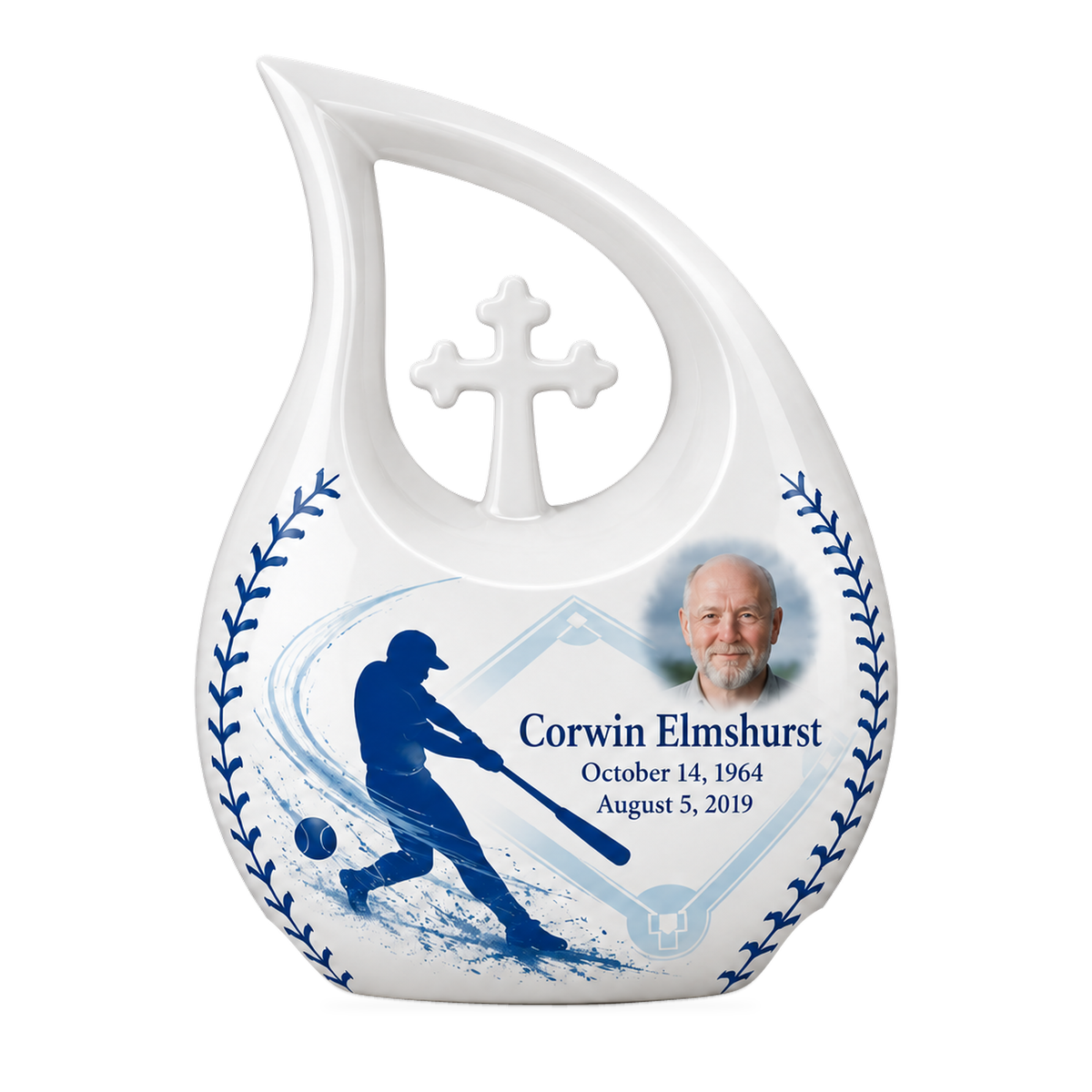 Cross Drop baseball scene photo memorial urn, 10 inch large Urn; fictional personalization example.