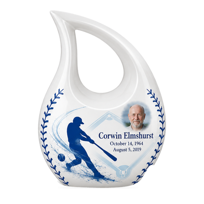 Cross Drop baseball scene photo memorial urn, 1 Keepsake 3 inch Urn; fictional personalization example.