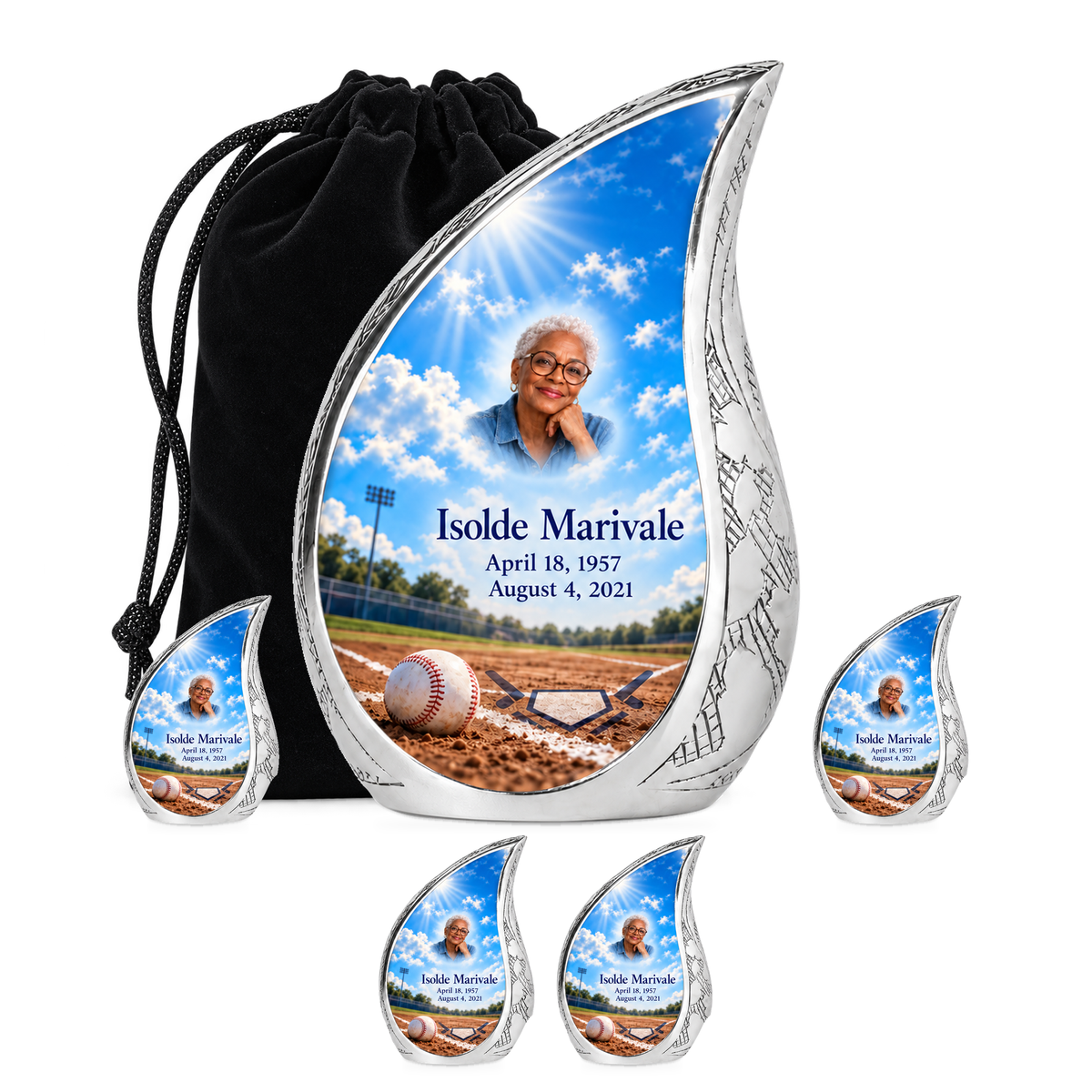 Curved Drop baseball scene photo memorial urn, 10 inch large Urn with 4 Keepsake 3 Inch Urns; fictional personalization example.