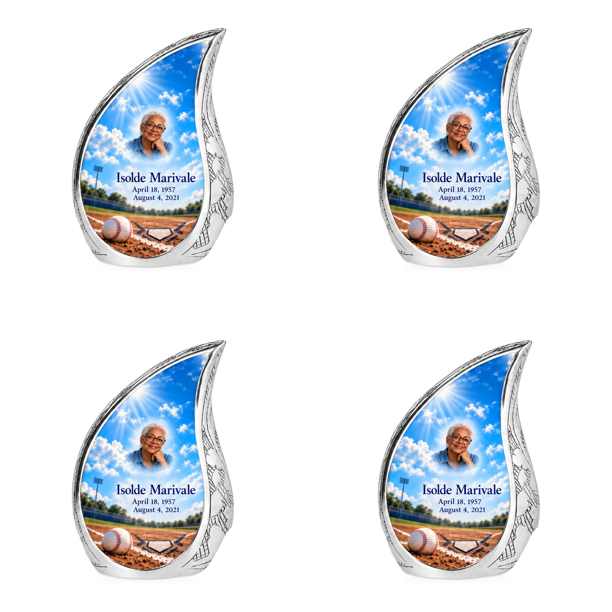 Curved Drop baseball scene photo memorial urn, 4 Keepsake 3 inch Urns; fictional personalization example.