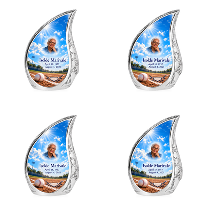 Curved Drop baseball scene photo memorial urn, 4 Keepsake 3 inch Urns; fictional personalization example.