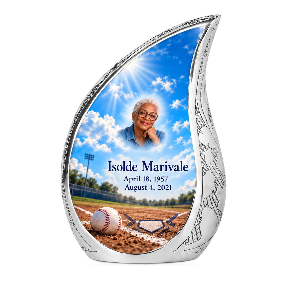Curved Drop baseball scene photo memorial urn, 10 inch large Urn; fictional personalization example.