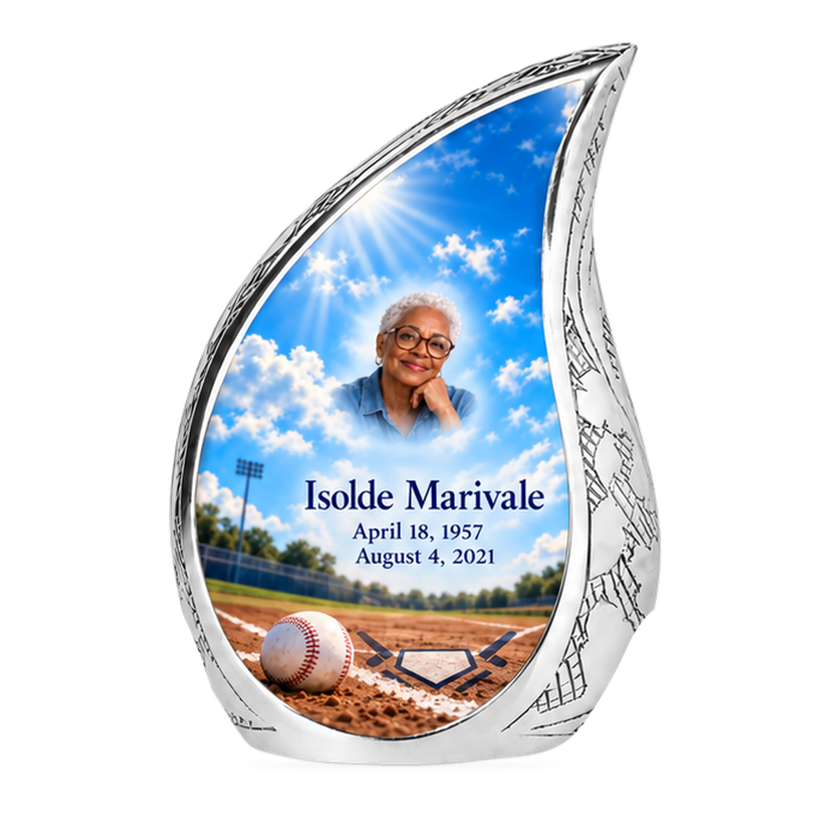 Curved Drop baseball scene photo memorial urn, 1 Keepsake 3 inch Urn; fictional personalization example.