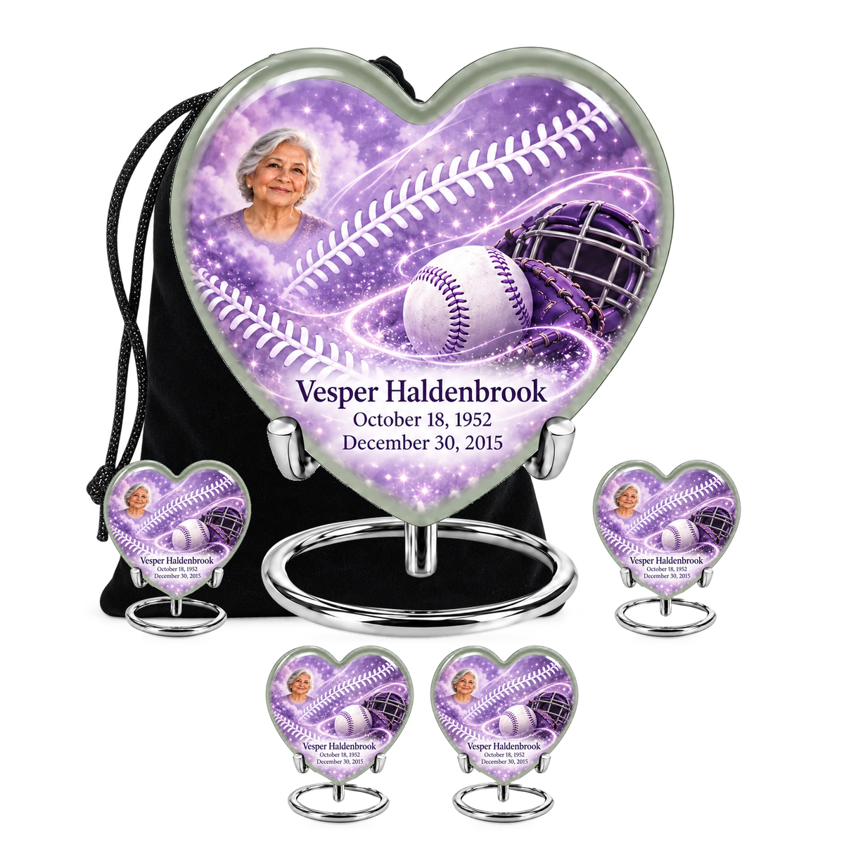 Heart baseball scene photo memorial urn, 10 inch large Urn with 4 Keepsake 3 Inch Urns; fictional personalization example.