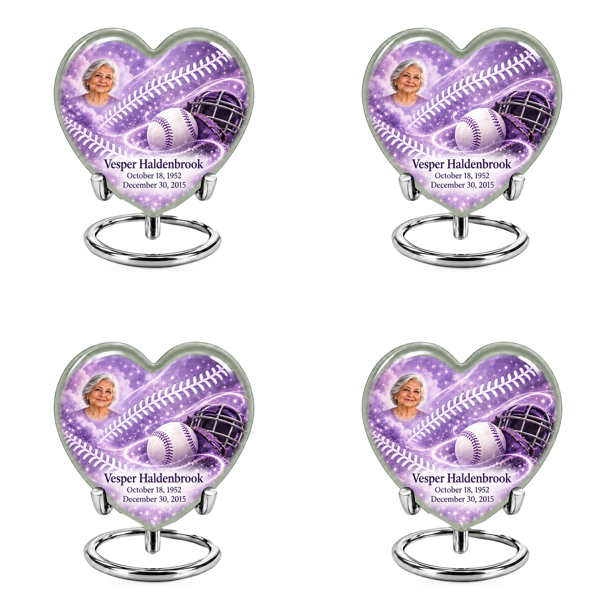 Heart baseball scene photo memorial urn, 4 Keepsake 3 inch Urns; fictional personalization example.