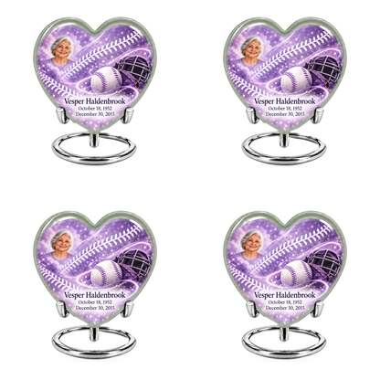 Heart baseball scene photo memorial urn, 4 Keepsake 3 inch Urns; fictional personalization example.
