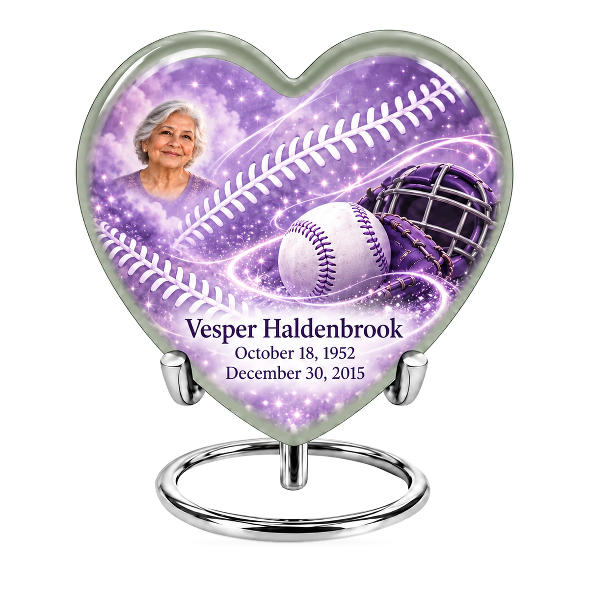 Heart baseball scene photo memorial urn, 10 inch large Urn; fictional personalization example.