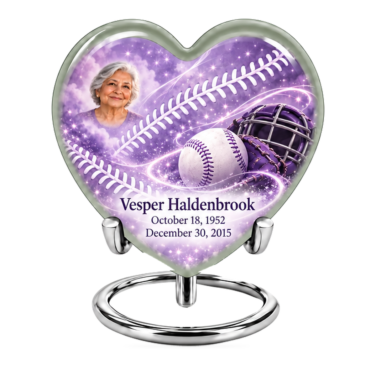 Heart baseball scene photo memorial urn, 1 Keepsake 3 inch Urn; fictional personalization example.